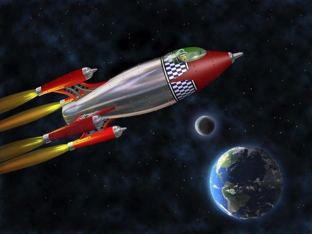 Une peinture de style années 1950 d'une fusée volante passé de la Terre