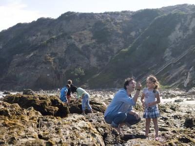 Une famille regarde à travers les bassins de marée à Point Dume en Californie du Sud.