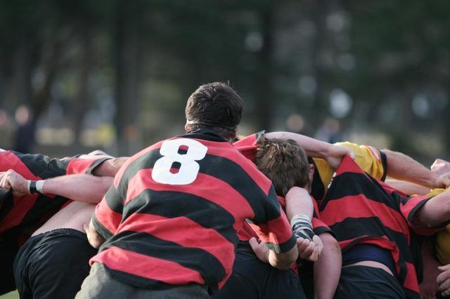 Une équipe de rugby se blottir ensemble sur le terrain.