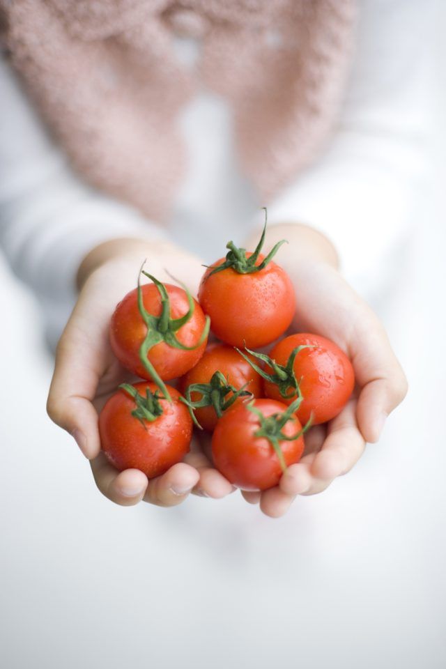 Une fille tient tomates cerises.