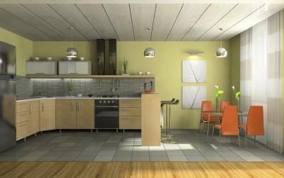 Tons de vert fonctionnent souvent bien dans une cuisine avec armoires en chêne ou une chambre avec parquet en chêne et les garnitures
